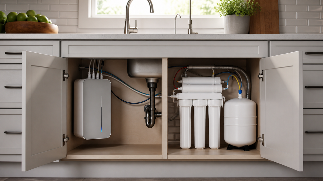 Tankless and traditional tank reverse osmosis systems installed under a kitchen sink