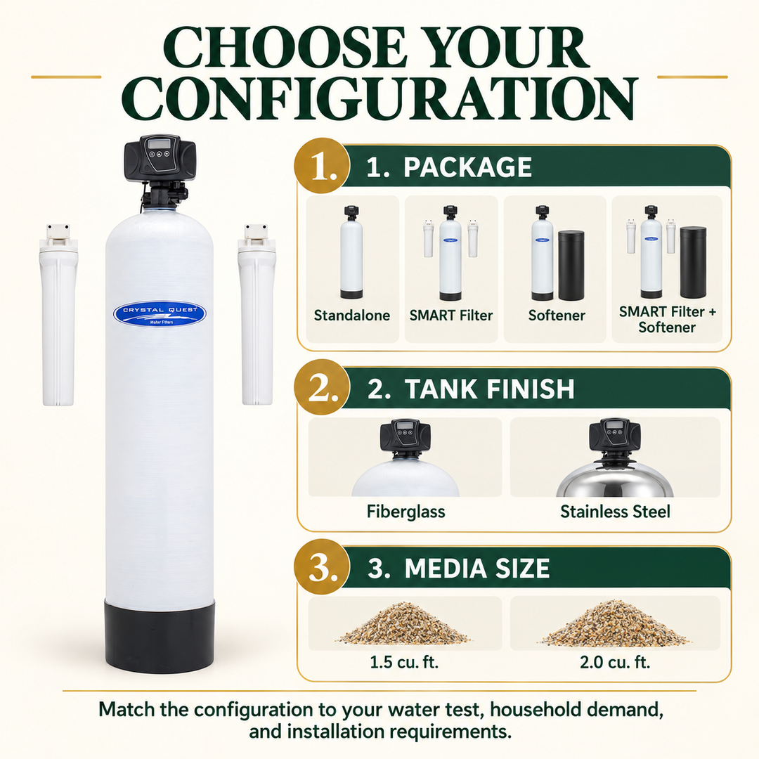 Crystal Quest arsenic filter configuration guide for package, tank finish, and media size