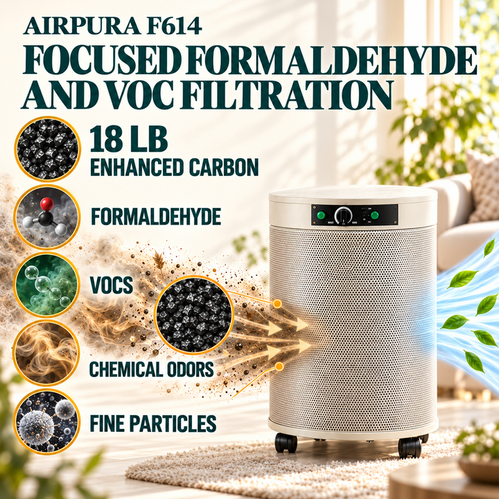 Airpura F614 formaldehyde and VOC filtration benefits