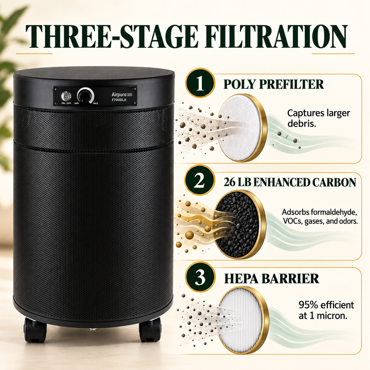 Airpura F700DLX three-stage filtration with 26 lb enhanced carbon and HEPA Barrier