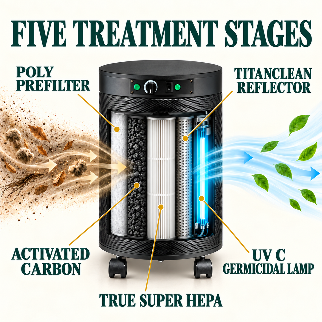 Airpura P614 plus poly prefilter, activated carbon, True Super HEPA, TitanClean reflector and UV C treatment stages