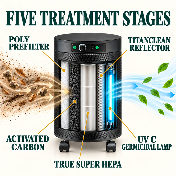 Airpura P614 plus poly prefilter, activated carbon, True Super HEPA, TitanClean reflector and UV C treatment stages