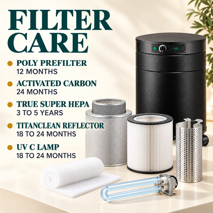 Airpura P614 plus prefilter, activated carbon, True Super HEPA, TitanClean and UV C maintenance intervals