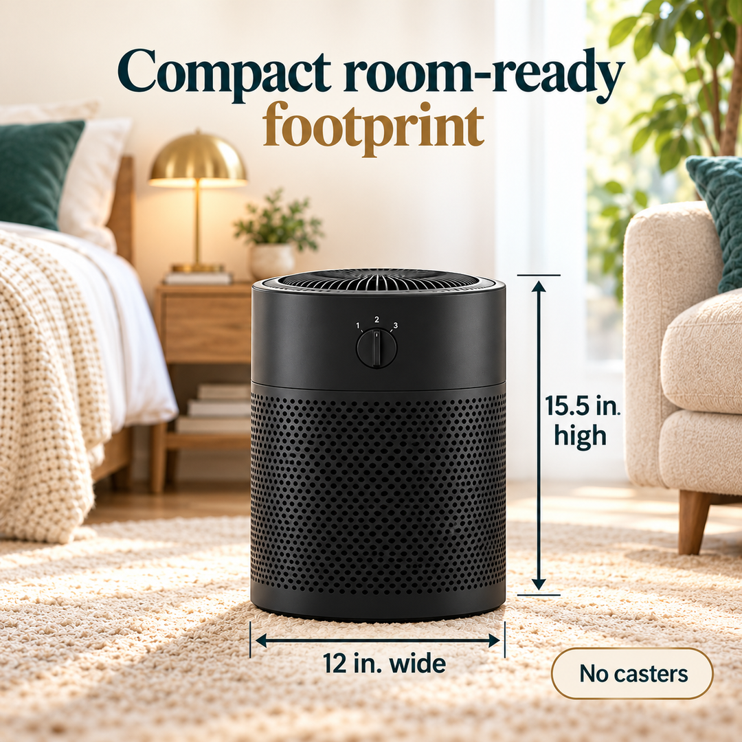 Airpura R400 compact 15.5 inch high by 12 inch wide wheel-free footprint