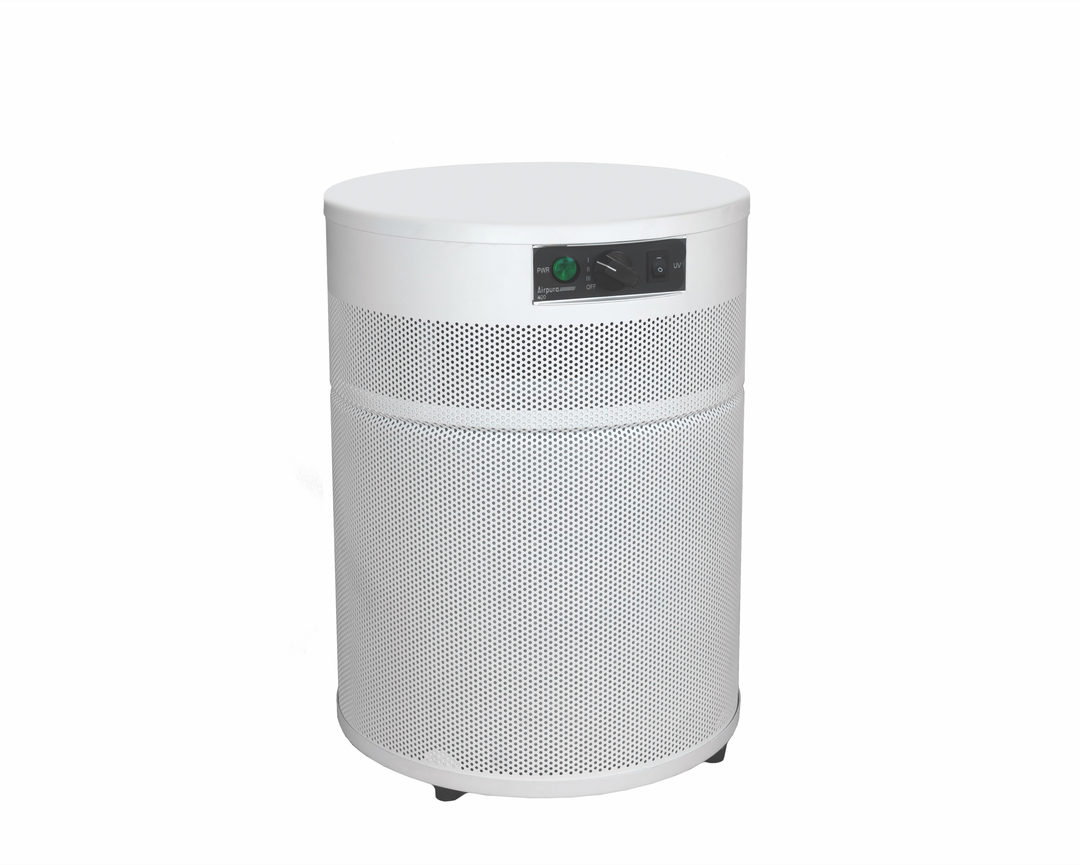 Airpura R400 air purifier in white, front-side view