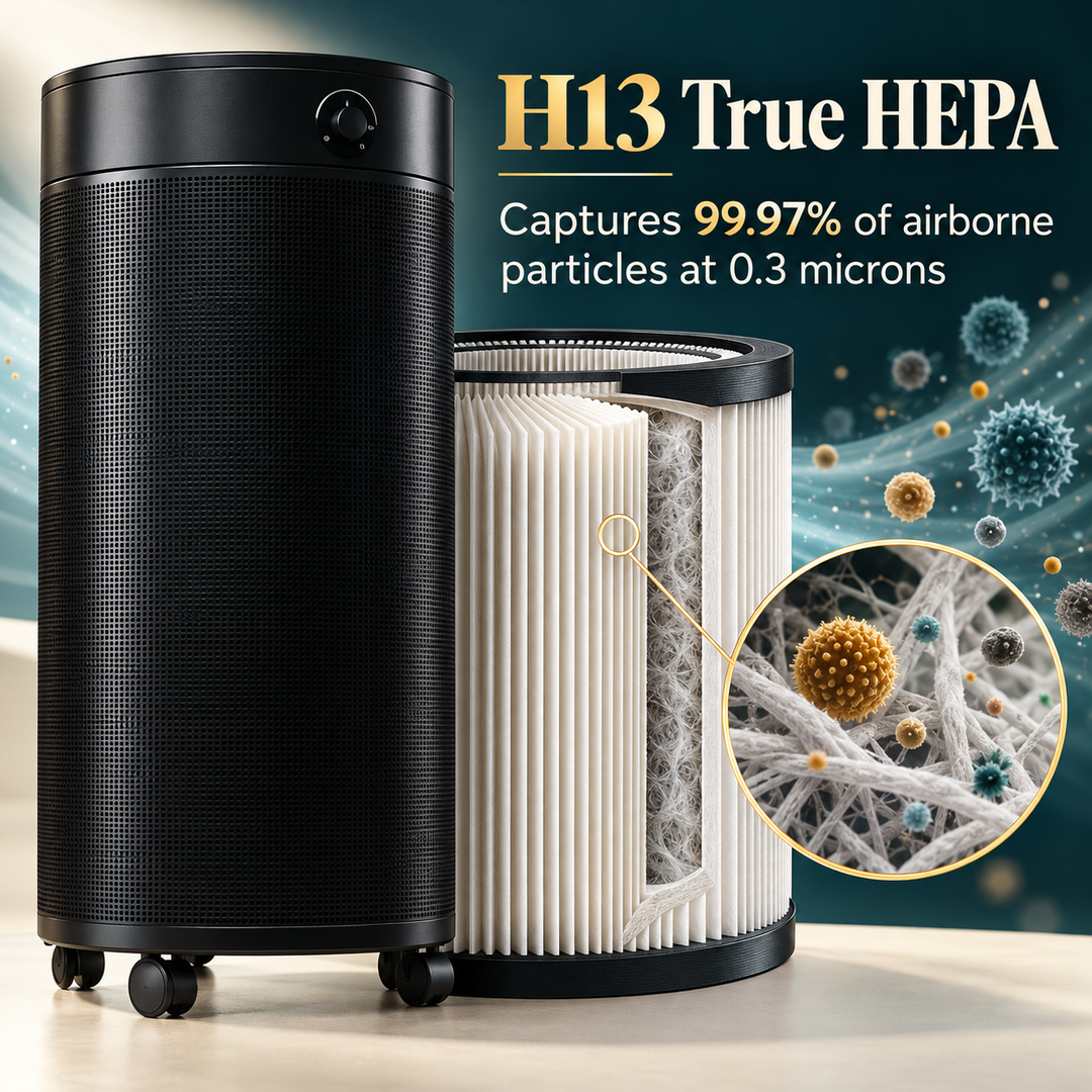 Airpura R600 H13 True HEPA captures 99.97 percent of airborne particles at 0.3 microns