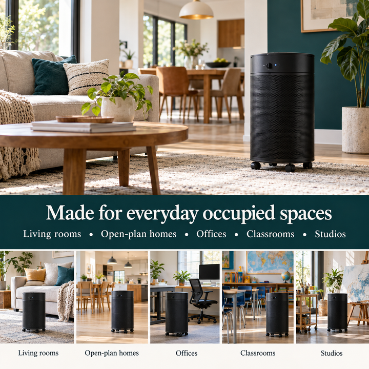 Airpura R600 placement in living rooms, open-plan homes, offices, classrooms, and studios