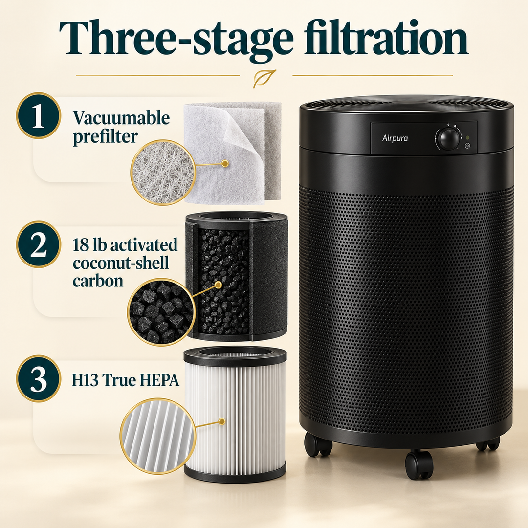 Airpura R600 three-stage filtration with prefilter, 18 lb carbon, and H13 True HEPA