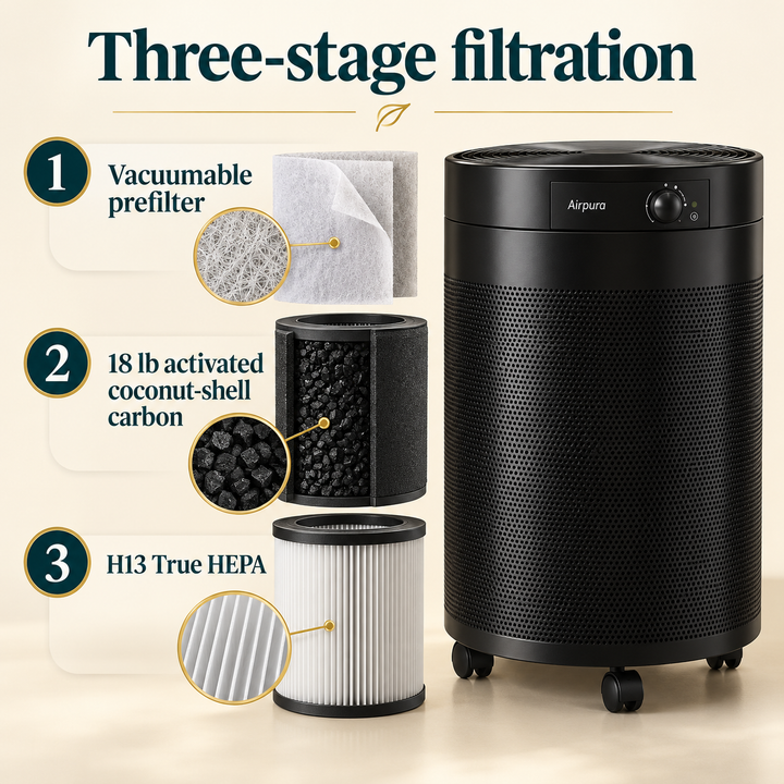 Airpura R600 three-stage filtration with prefilter, 18 lb carbon, and H13 True HEPA