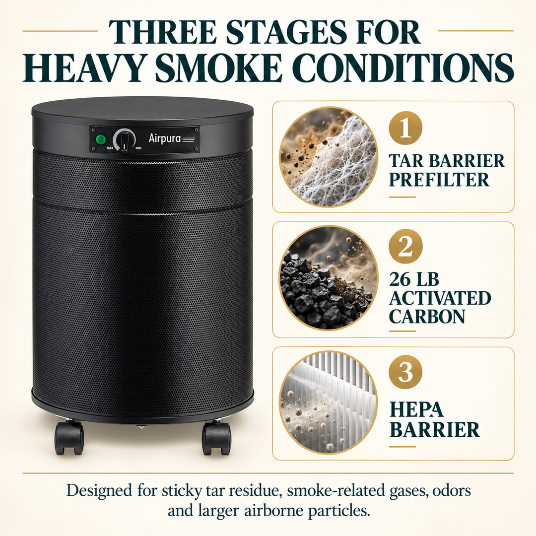 Airpura T600DLX TarBarrier activated carbon and HEPA Barrier treatment stages