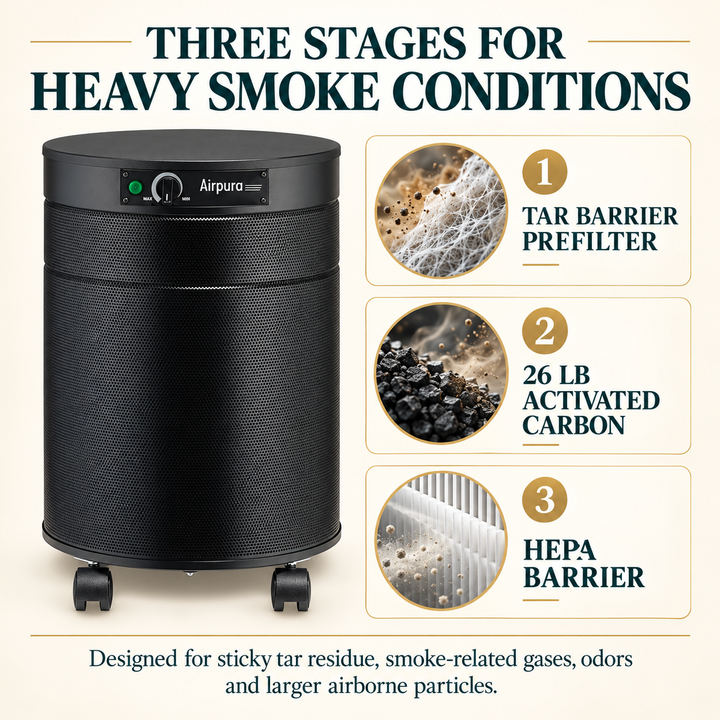 Airpura T600DLX TarBarrier activated carbon and HEPA Barrier treatment stages