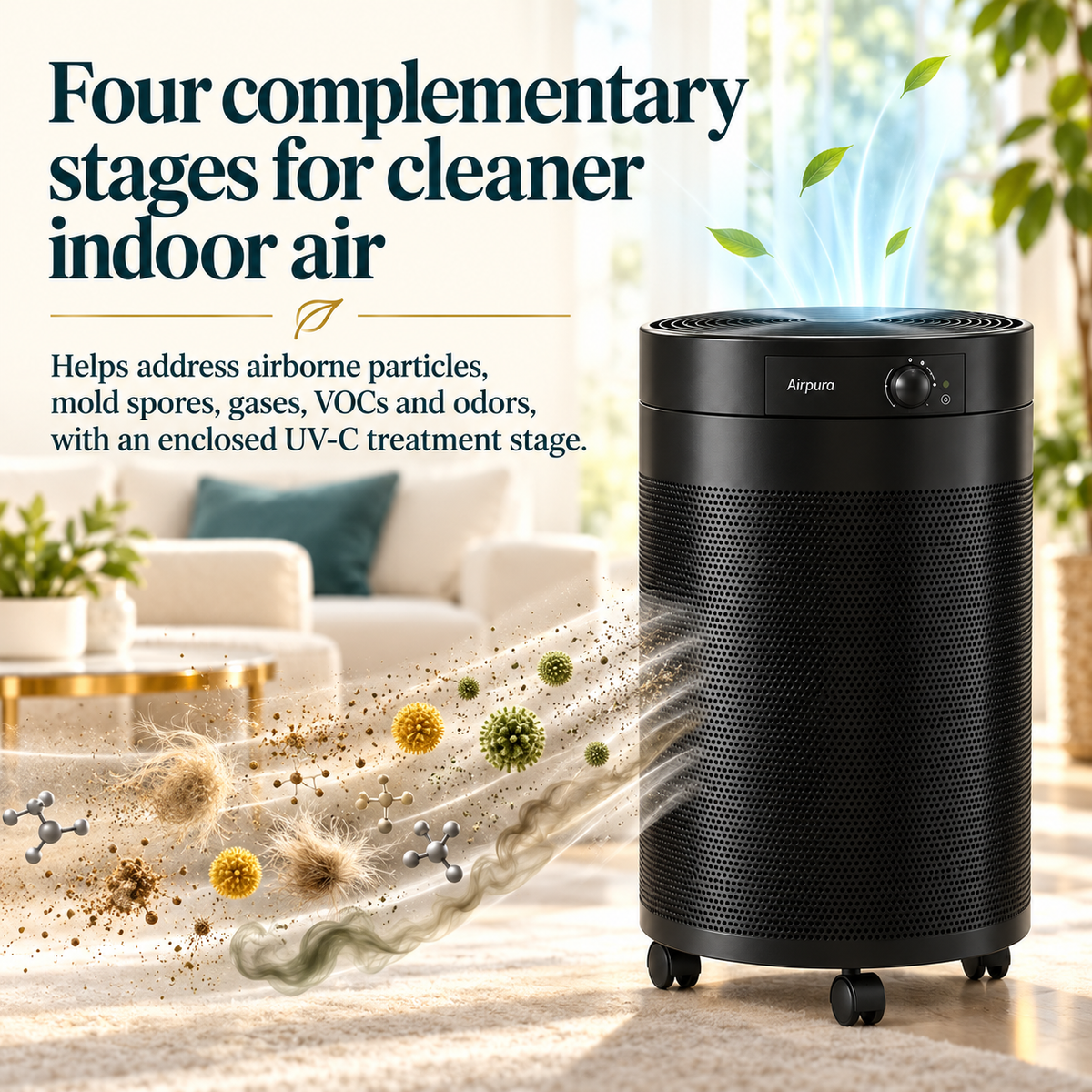 Airpura UV600 four-stage air cleaning for particles, mold spores, gases, VOCs, and odors