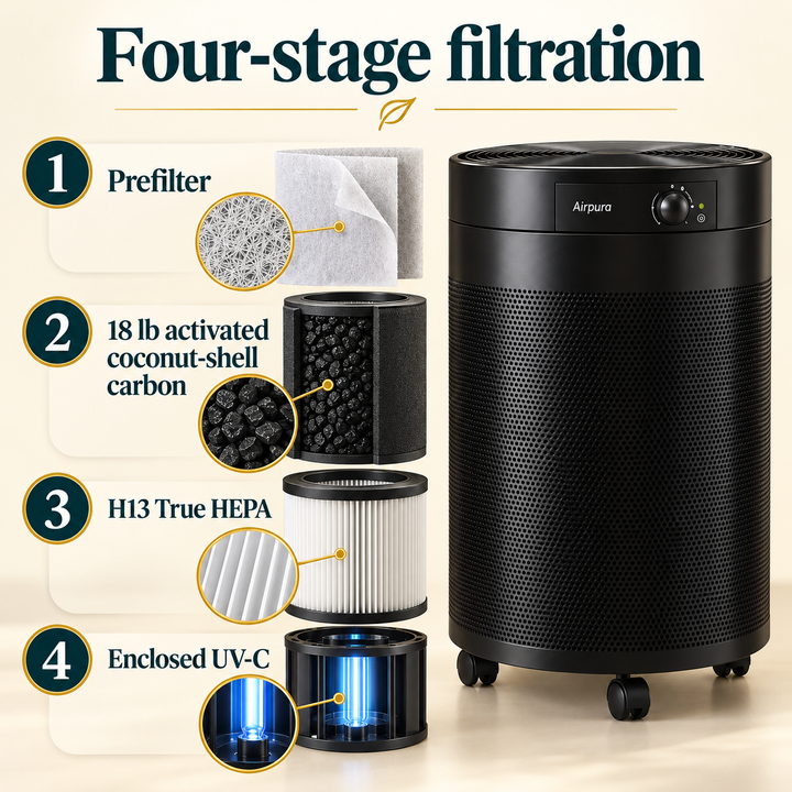 Airpura UV600 prefilter, 18 lb carbon, H13 True HEPA, and enclosed UV-C stages