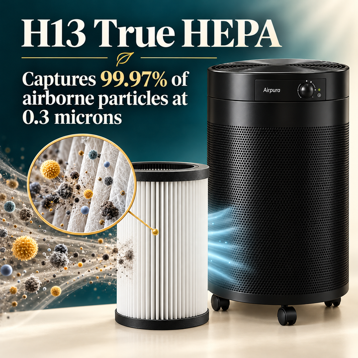 Airpura UV600 H13 True HEPA captures 99.97 percent of airborne particles at 0.3 microns