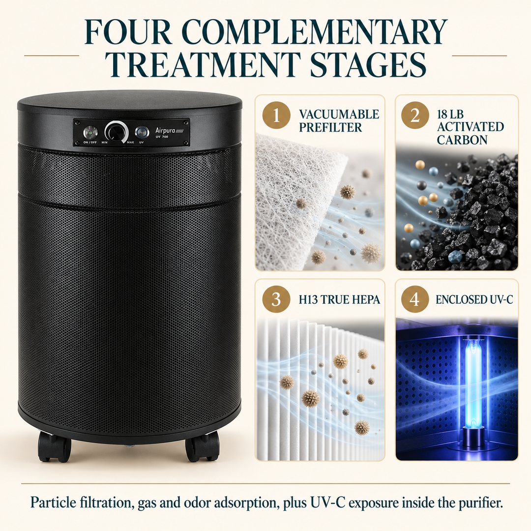 Airpura UV700 four treatment stages including prefilter carbon HEPA and enclosed UV-C