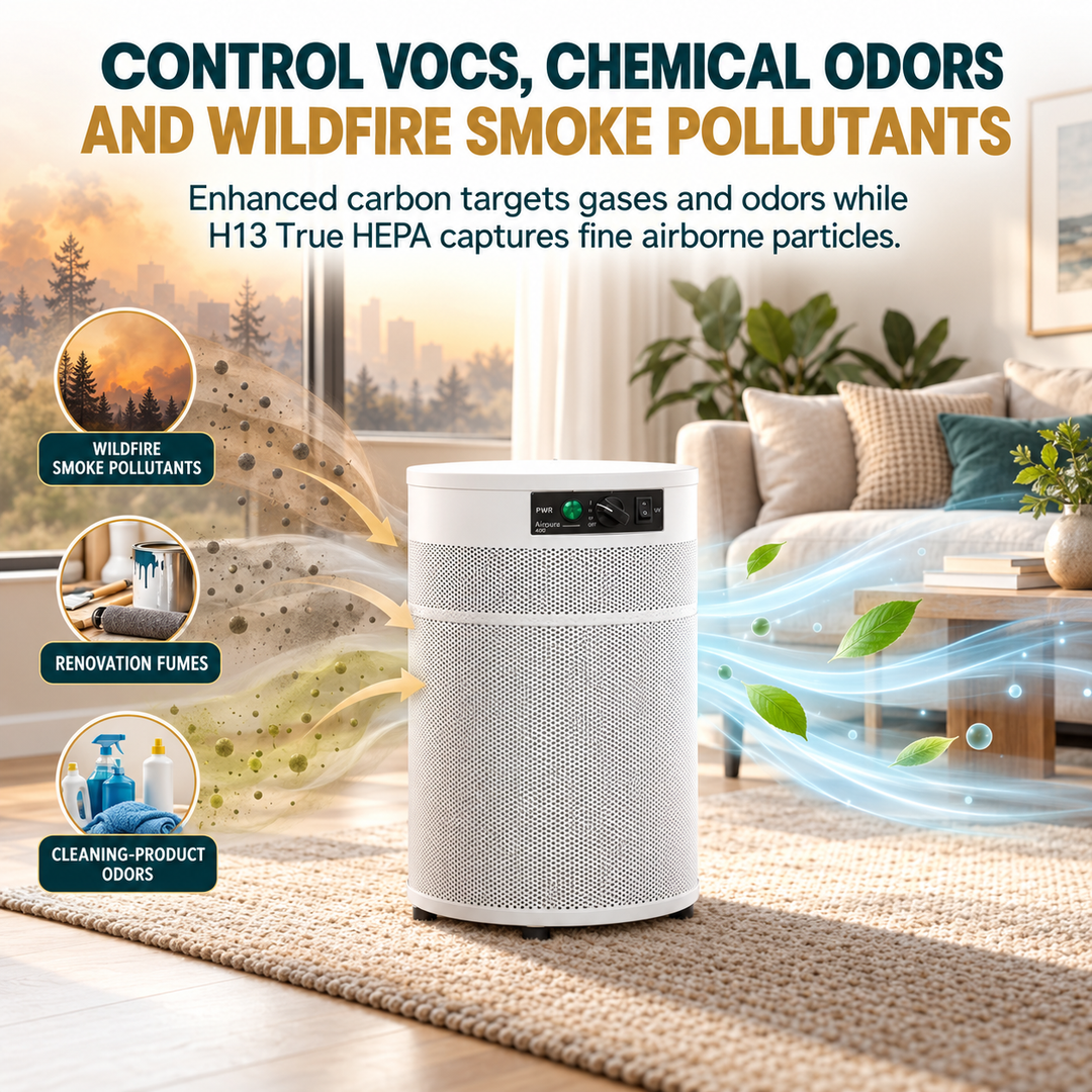 Airpura V400 targeting VOCs chemical odors and wildfire smoke pollutants
