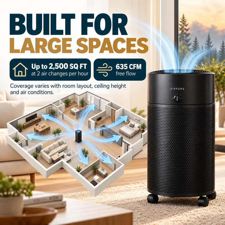 Airpura V700 coverage up to 2,500 square feet at two air changes per hour and 635 CFM free flow