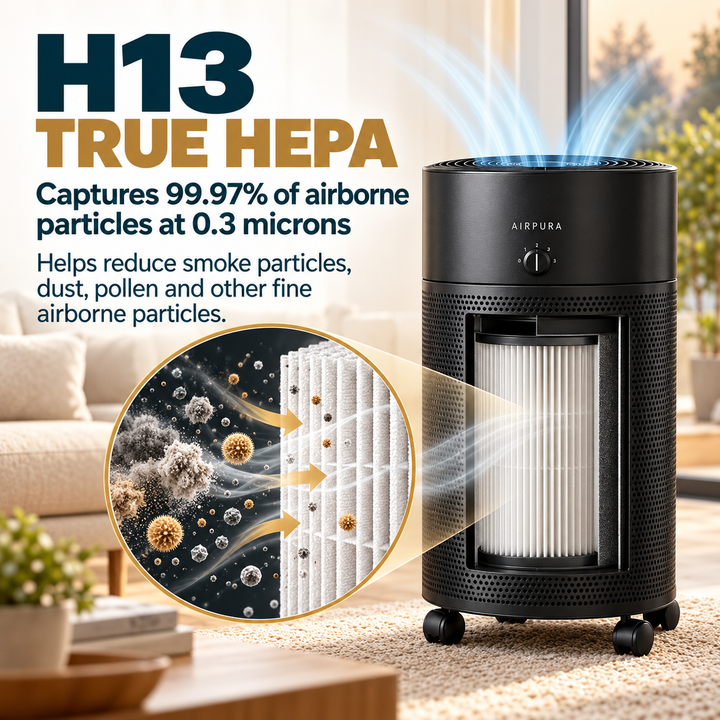 Airpura V700 H13 True HEPA captures 99.97 percent of airborne particles at 0.3 microns