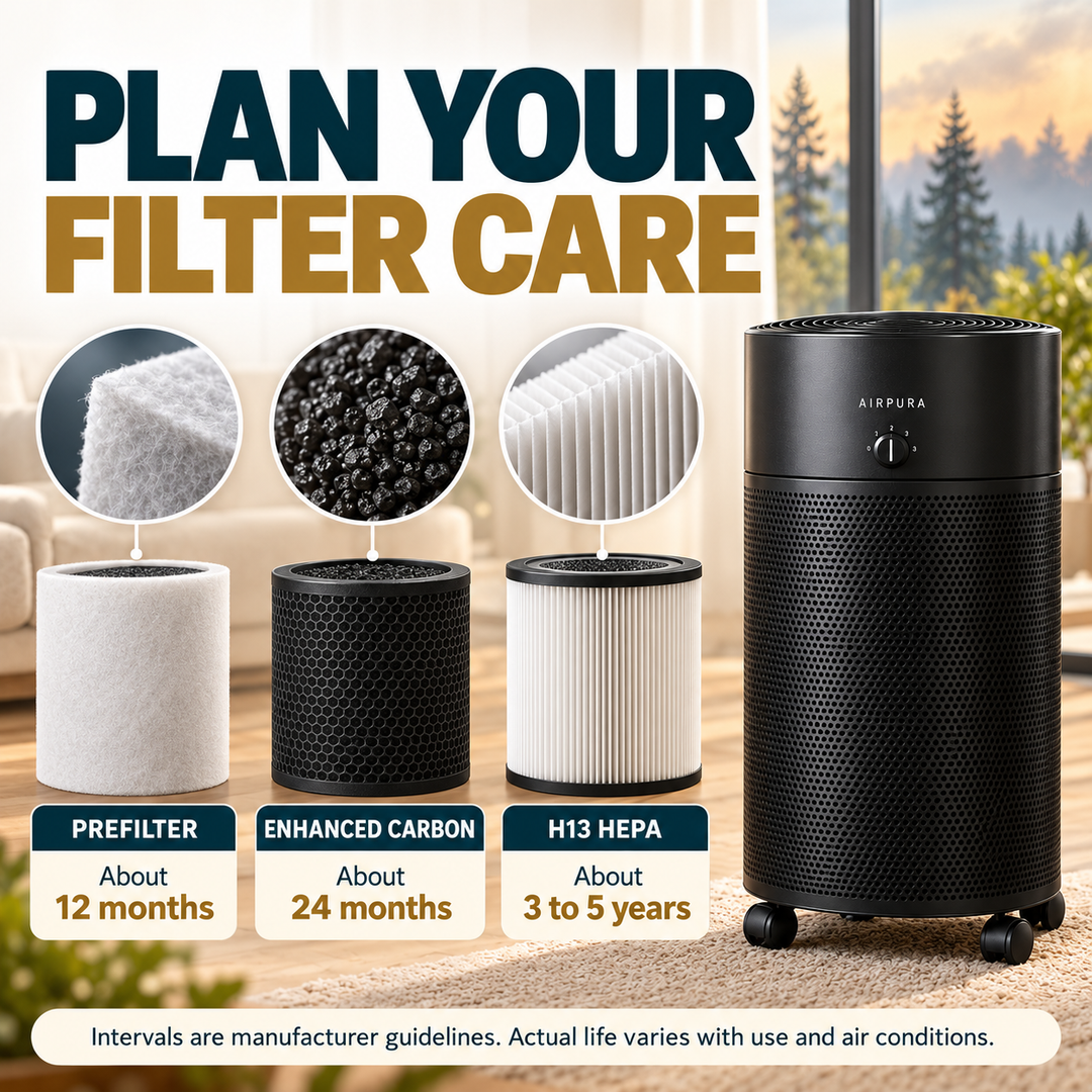 Airpura V700 prefilter, enhanced carbon and H13 HEPA maintenance guidelines