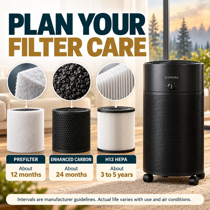 Airpura V700 prefilter, enhanced carbon and H13 HEPA maintenance guidelines