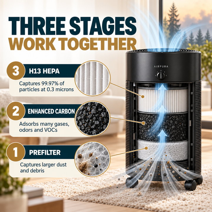 Airpura V700 three-stage prefilter, enhanced carbon and H13 HEPA filtration