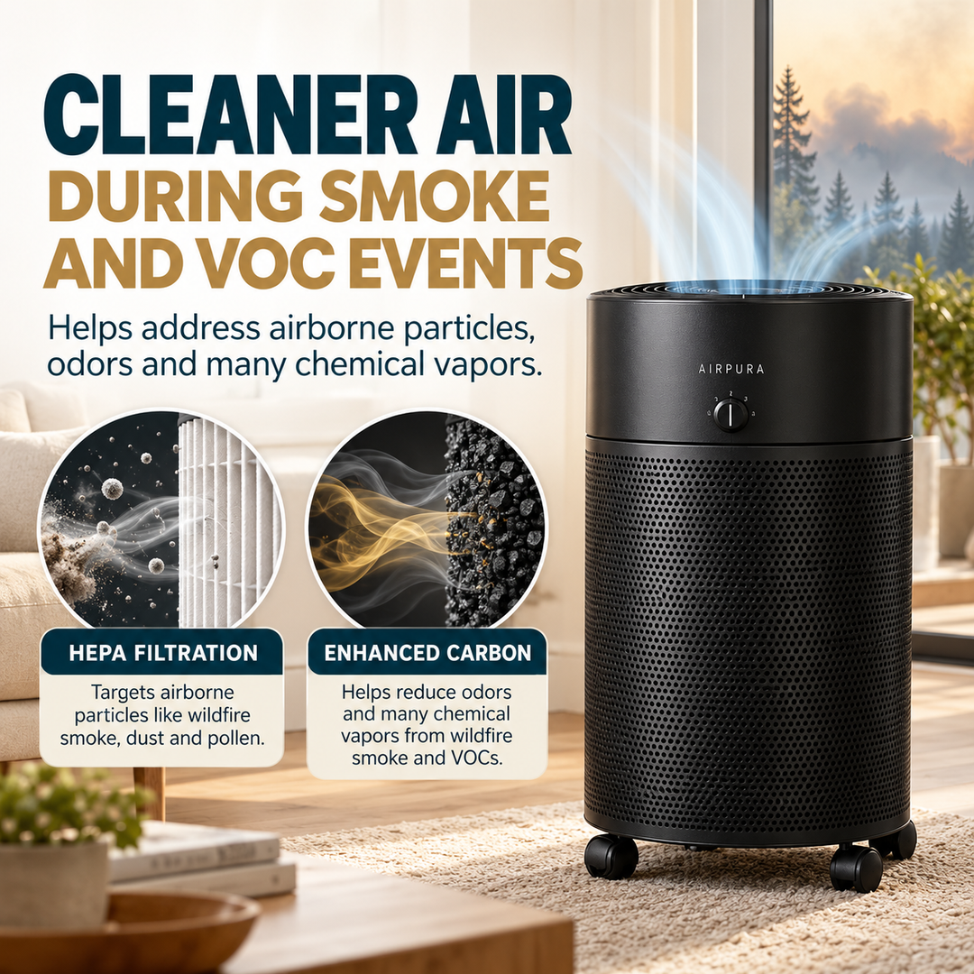 Airpura V700 helps address airborne particles, odors and many chemical vapors during smoke and VOC events