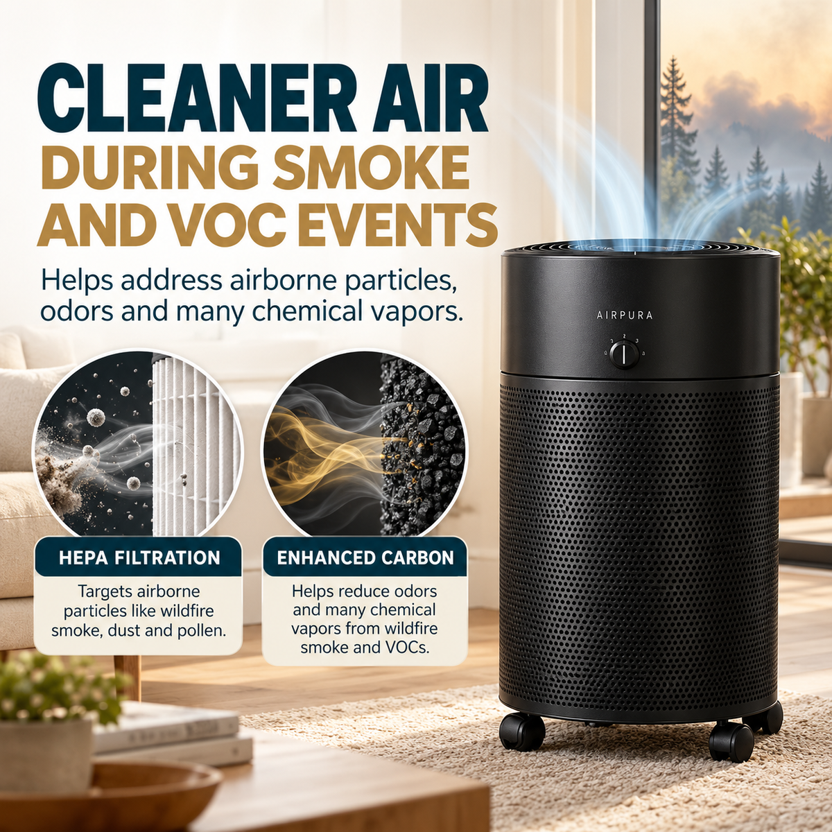 Airpura V700 helps address airborne particles, odors and many chemical vapors during smoke and VOC events