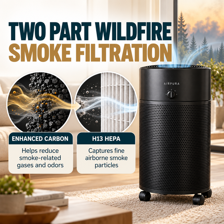 Airpura V700 enhanced carbon and H13 HEPA filtration for wildfire smoke concerns