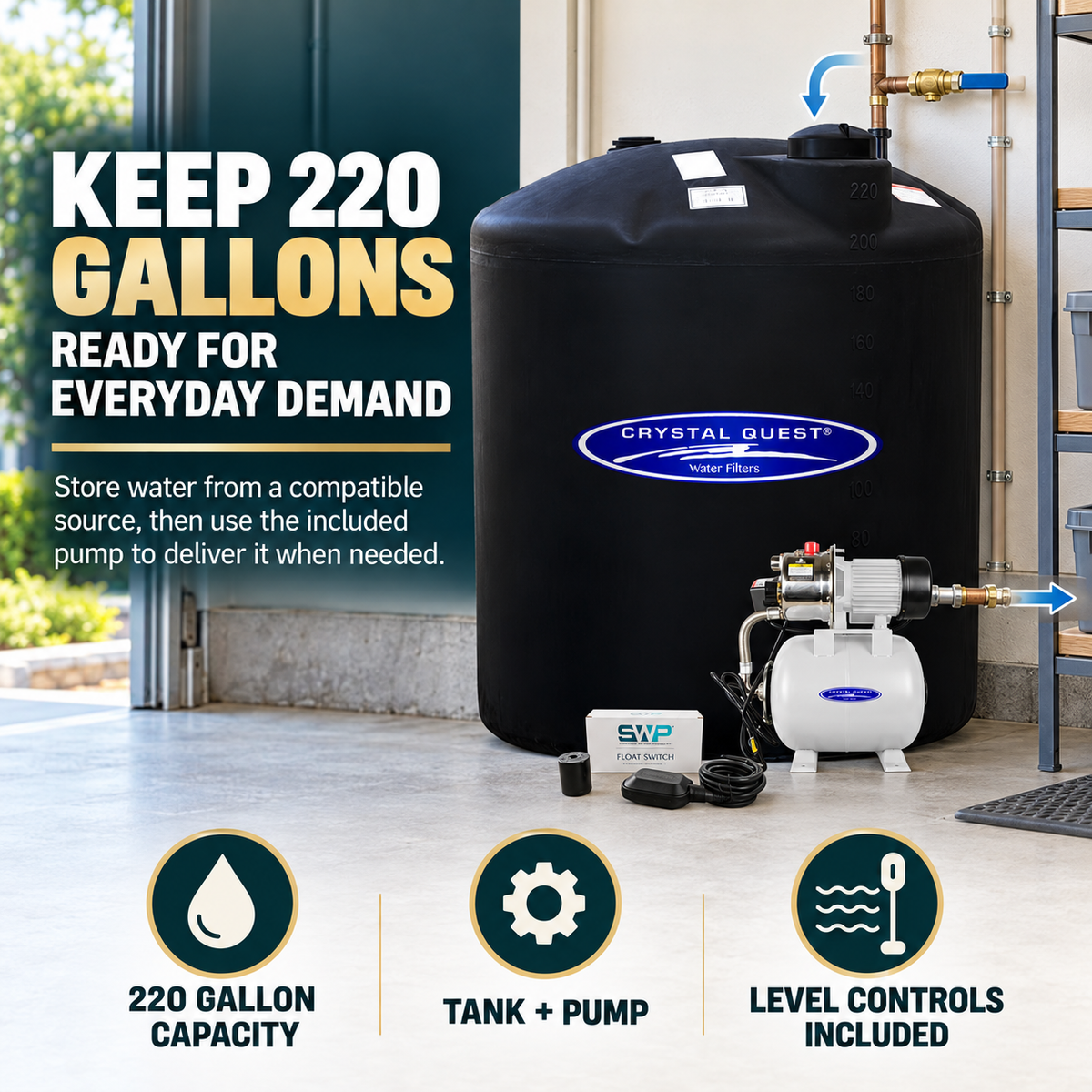 Keep 220 gallons of water ready with the Crystal Quest atmospheric storage tank kit