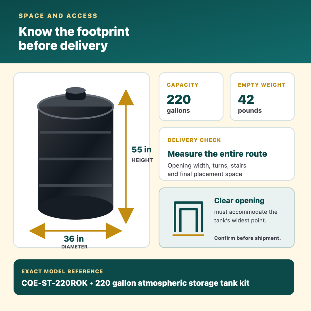 CQE-ST-220ROK 220 gallon tank dimensions and delivery access