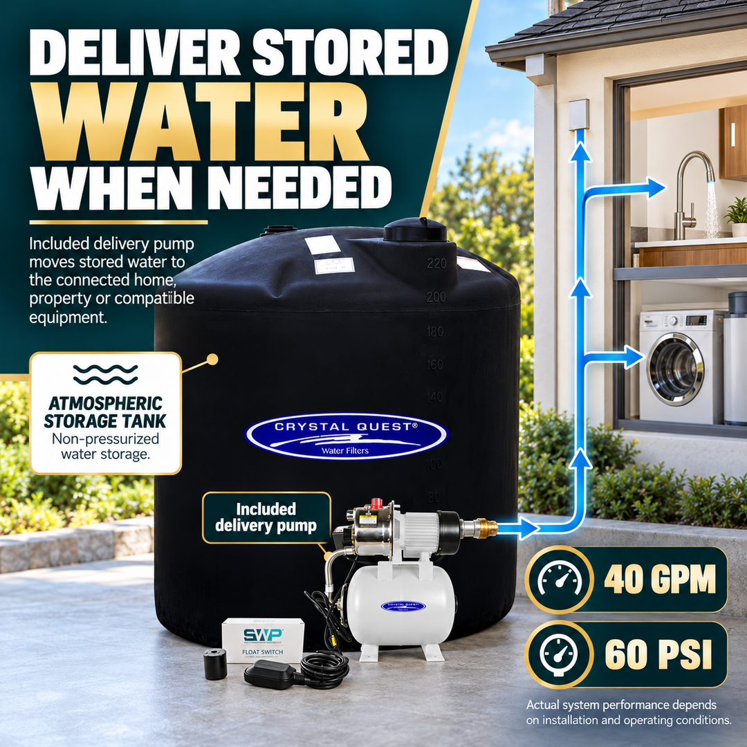 Included pump delivers stored water from the Crystal Quest 220 gallon tank