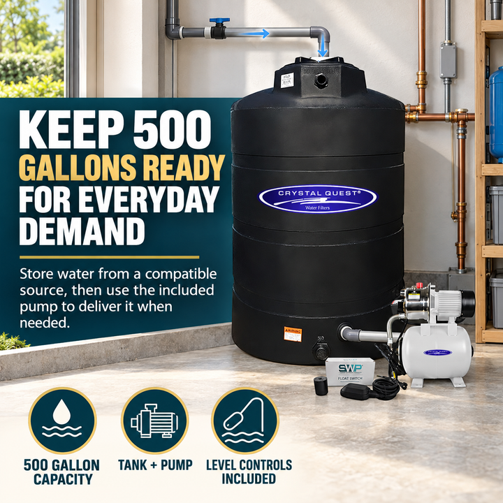 Crystal Quest 500 gallon atmospheric tank kit stores water from a compatible source for pumped delivery