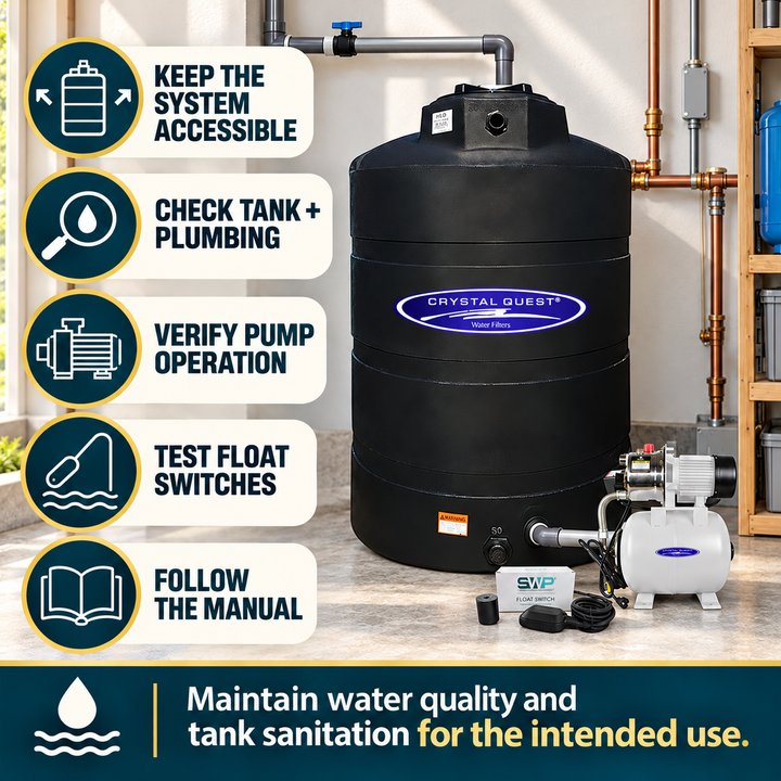Crystal Quest 500 gallon tank, pump, plumbing and float-switch routine care checks