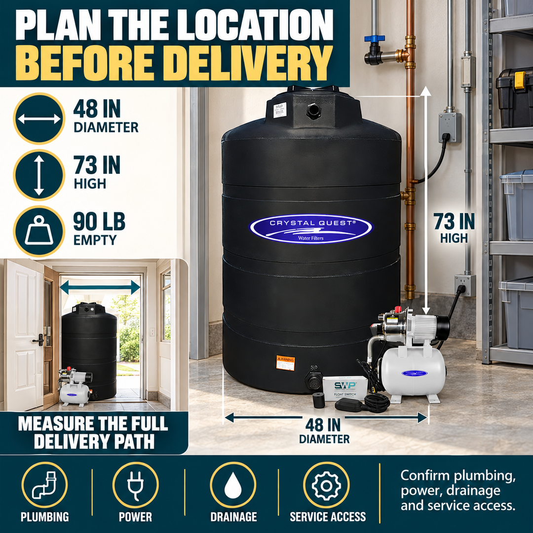 Crystal Quest 500 gallon tank site planning with dimensions, plumbing, power, drainage and service access