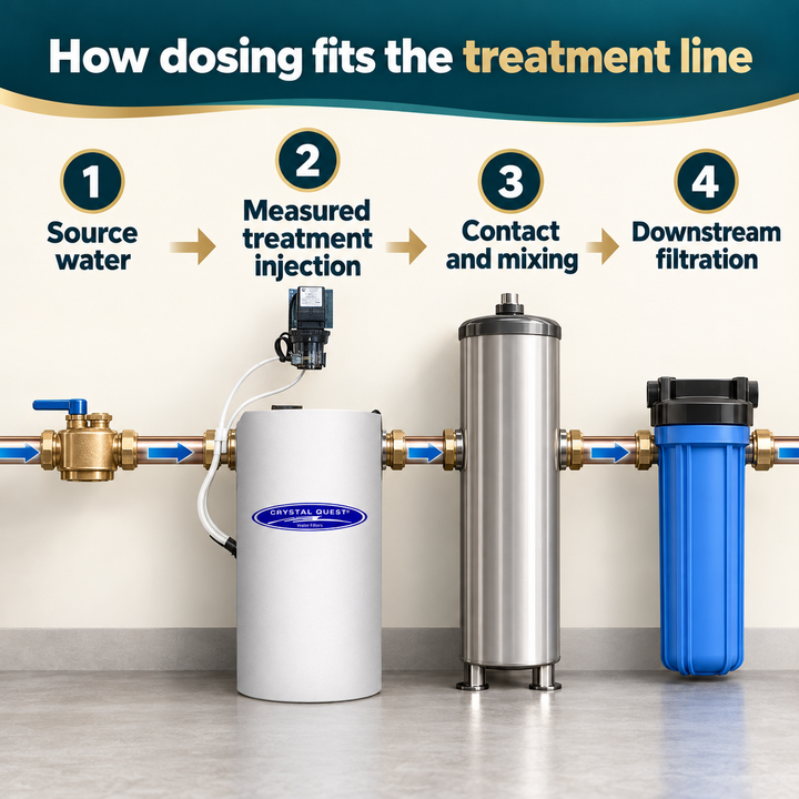 How dosing fits before contact mixing and downstream filtration