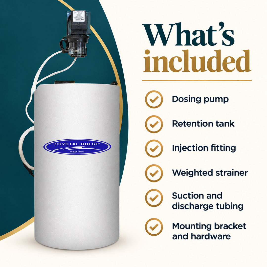 Listed components included with the Crystal Quest water treatment dosing system