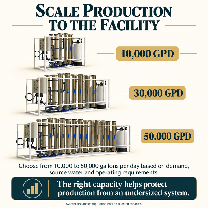 Crystal Quest commercial reverse osmosis capacity comparison from 10000 to 50000 GPD
