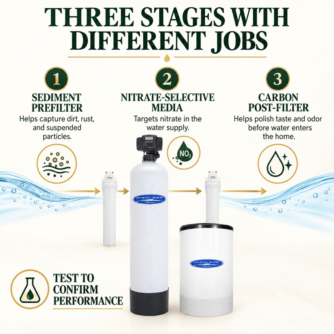 Three stages of whole house nitrate treatment