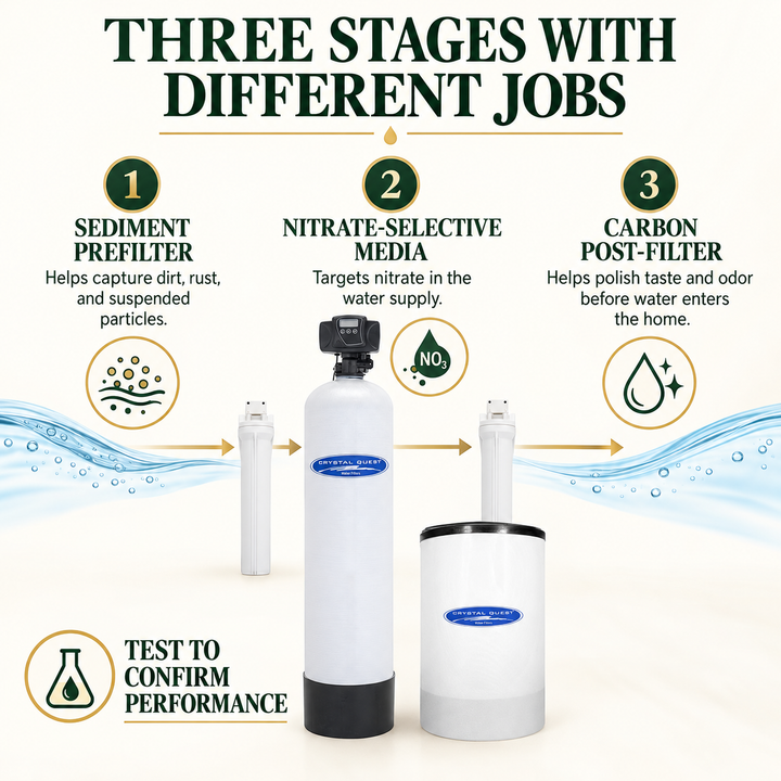 Three stages of whole house nitrate treatment
