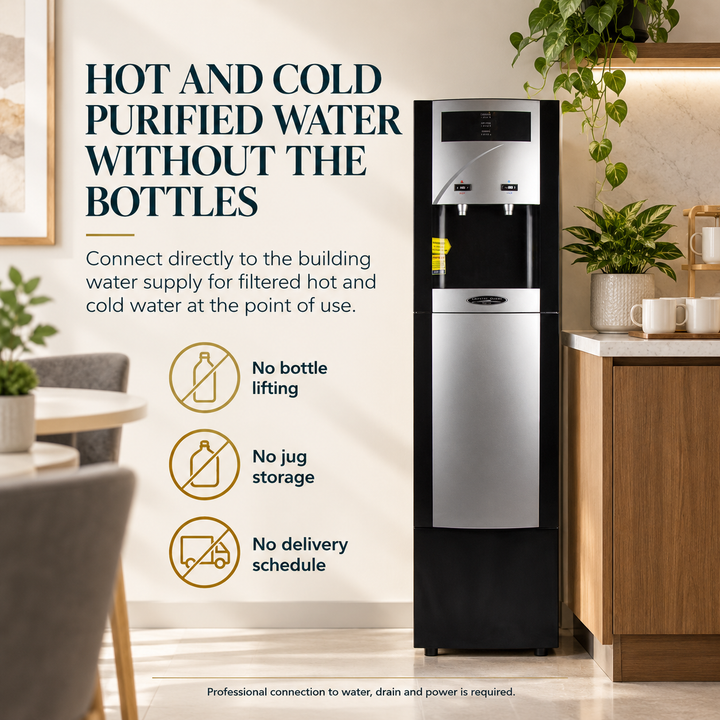 Crystal Quest TURBO bottleless cooler providing hot and cold purified water