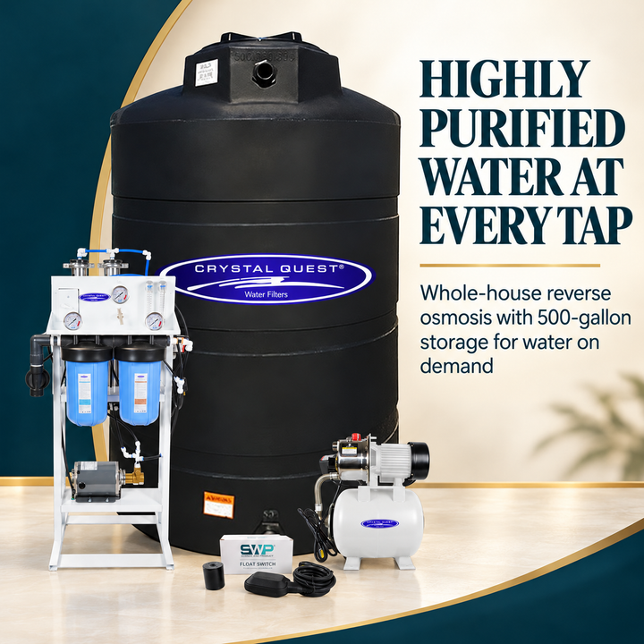 Crystal Quest whole house reverse osmosis system with 500 gallon storage tank for purified water throughout the property