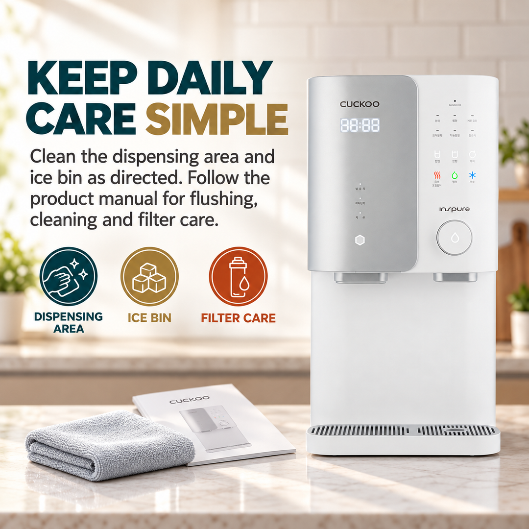 CUCKOO ZERO100 dispensing area, ice bin and filter-care guidance