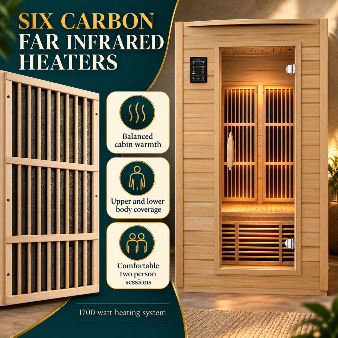 Durasage sauna with six carbon FAR infrared heater benefits including balanced cabin warmth and upper and lower body coverage