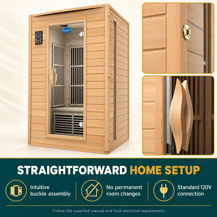 Durasage sauna buckle assembly, wood handle, and standard 120 volt home setup