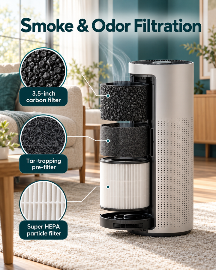 Illustration of Pro 6 HDS filtration stages: carbon filter, tar-trapping pre-filter, and Super HEPA particle filter
