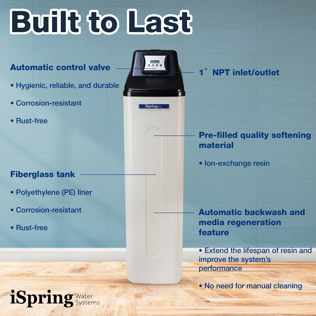 iSpring WCS45KG water softener construction, control valve, resin tank, and backwash features
