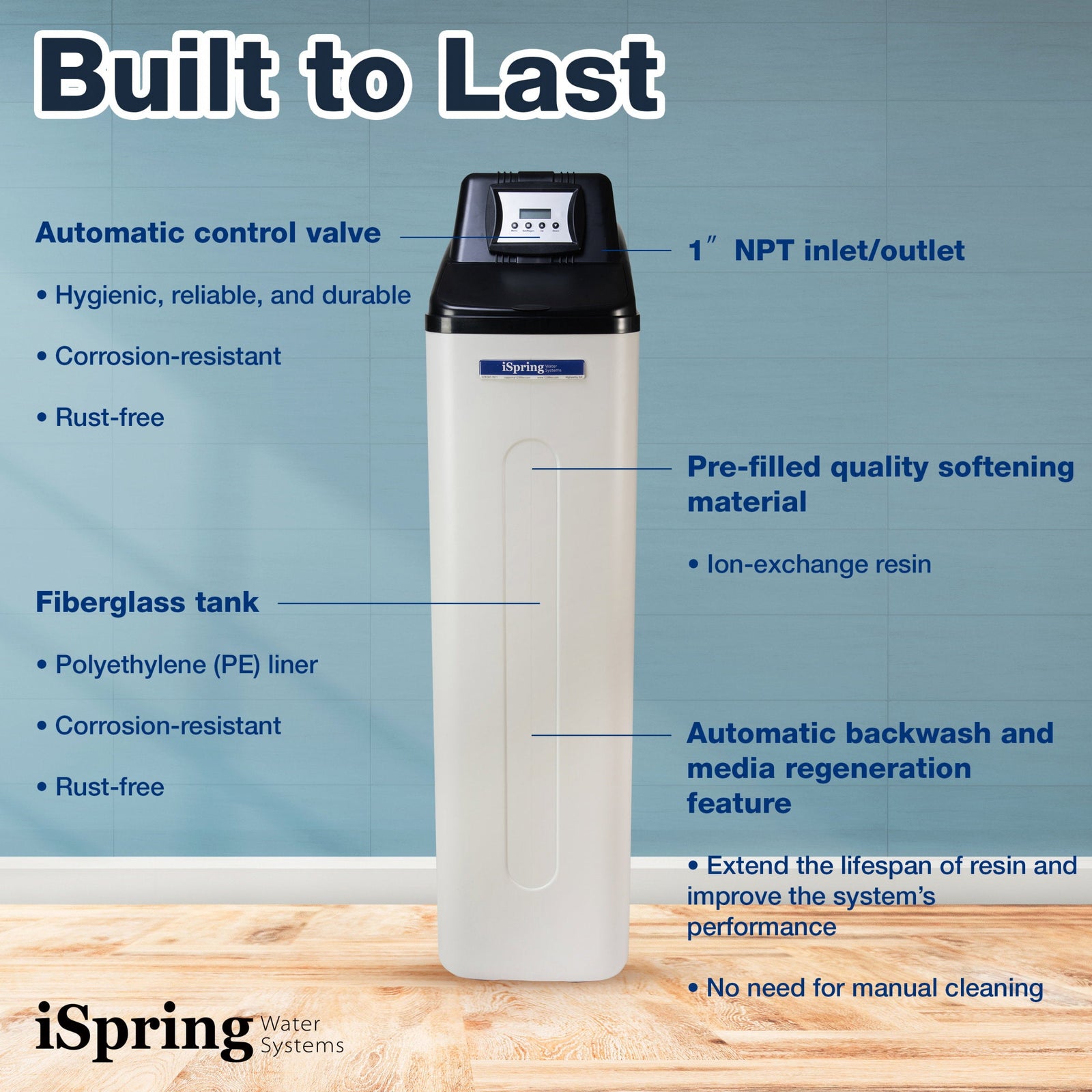 iSpring WCS45KG water softener construction, control valve, resin tank, and backwash features