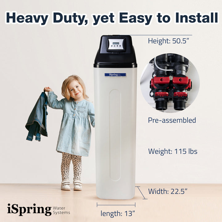iSpring WCS45KG water softener dimensions and preassembled connection details