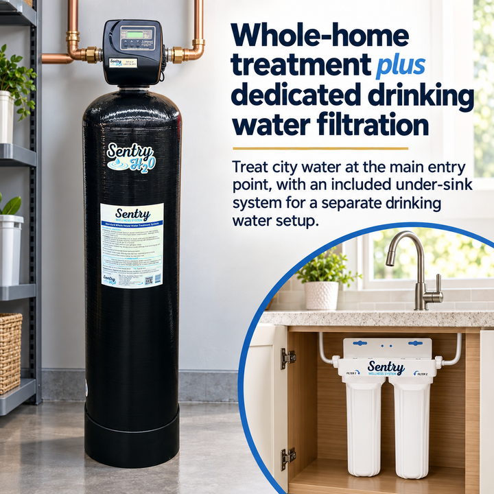 Sentry H2O whole-home treatment with dedicated under-sink drinking water filtration